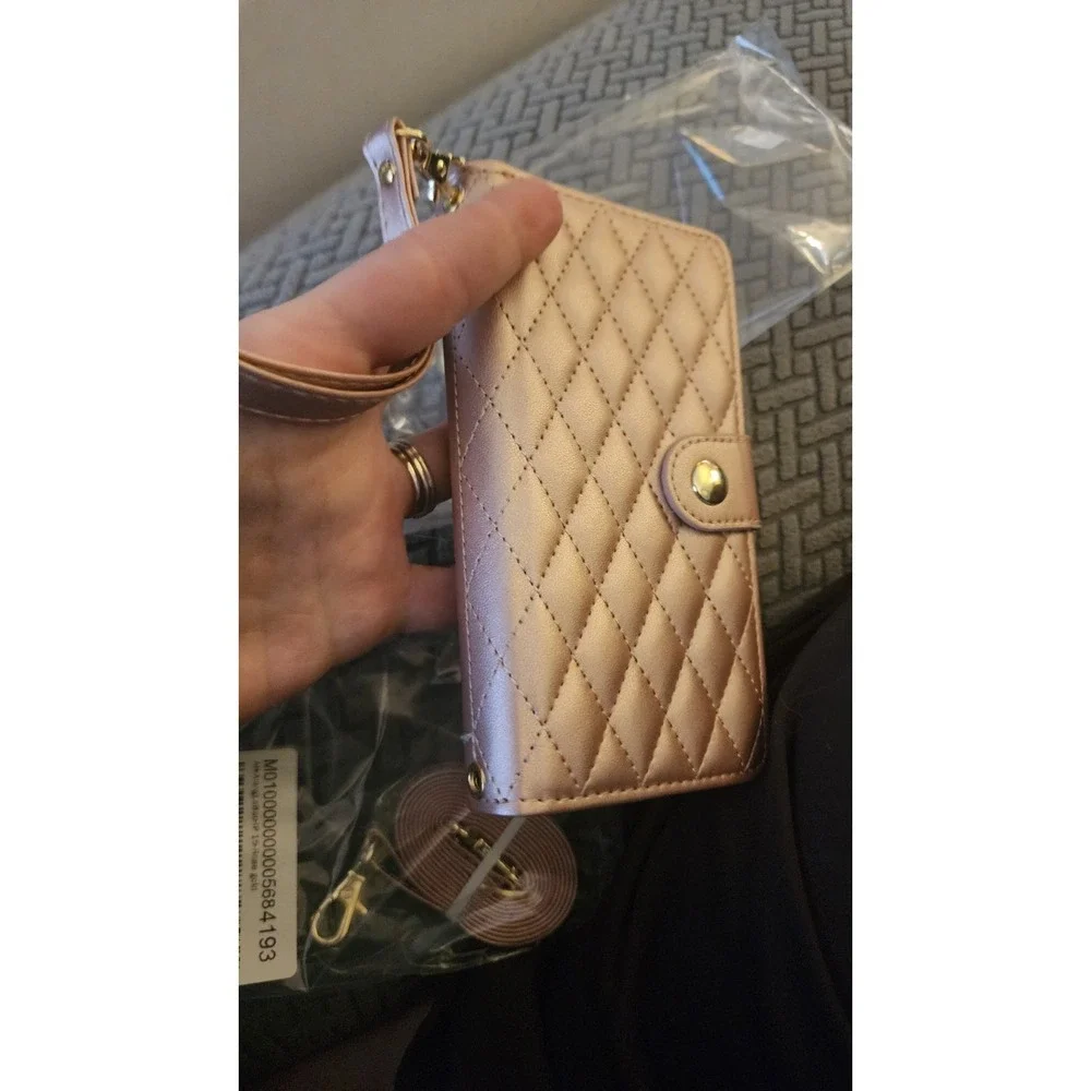 Rose Gold Quilted Glossy Wallet Case for iPhone 15 Card Pocket Strap